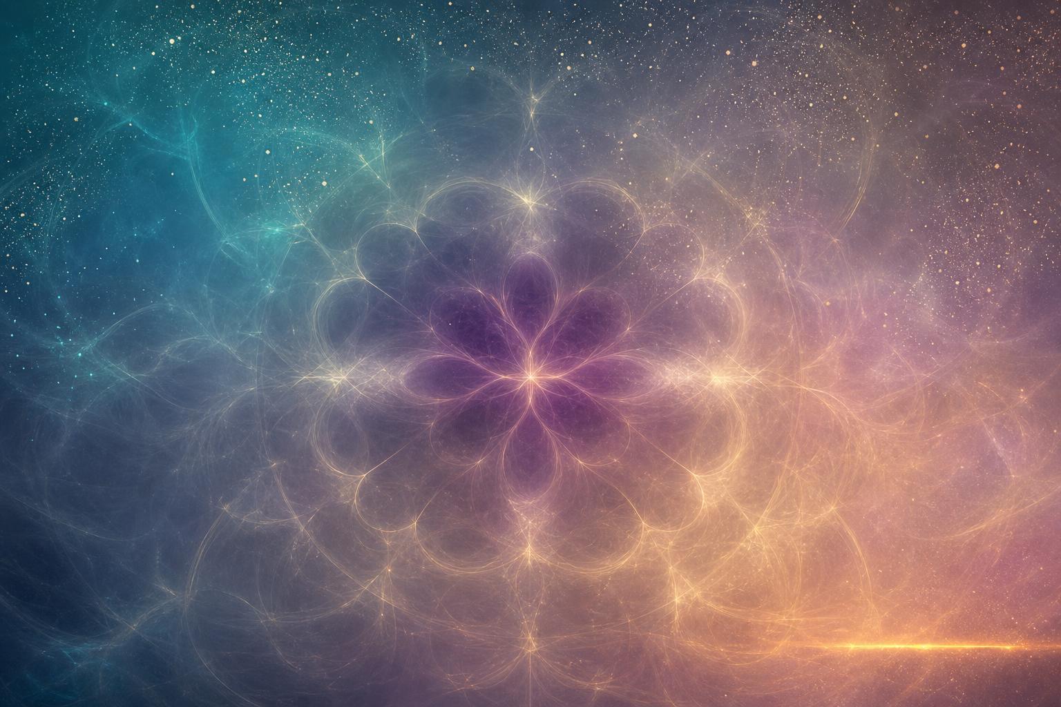 An iridescent devotional field painting centered on a loosening knot of aubergine light dissolving into teal and gold-lavender, with a radiant geometric lattice and a thin amber seam of mercy at the lower right — still, synthetic, and quietly luminous.