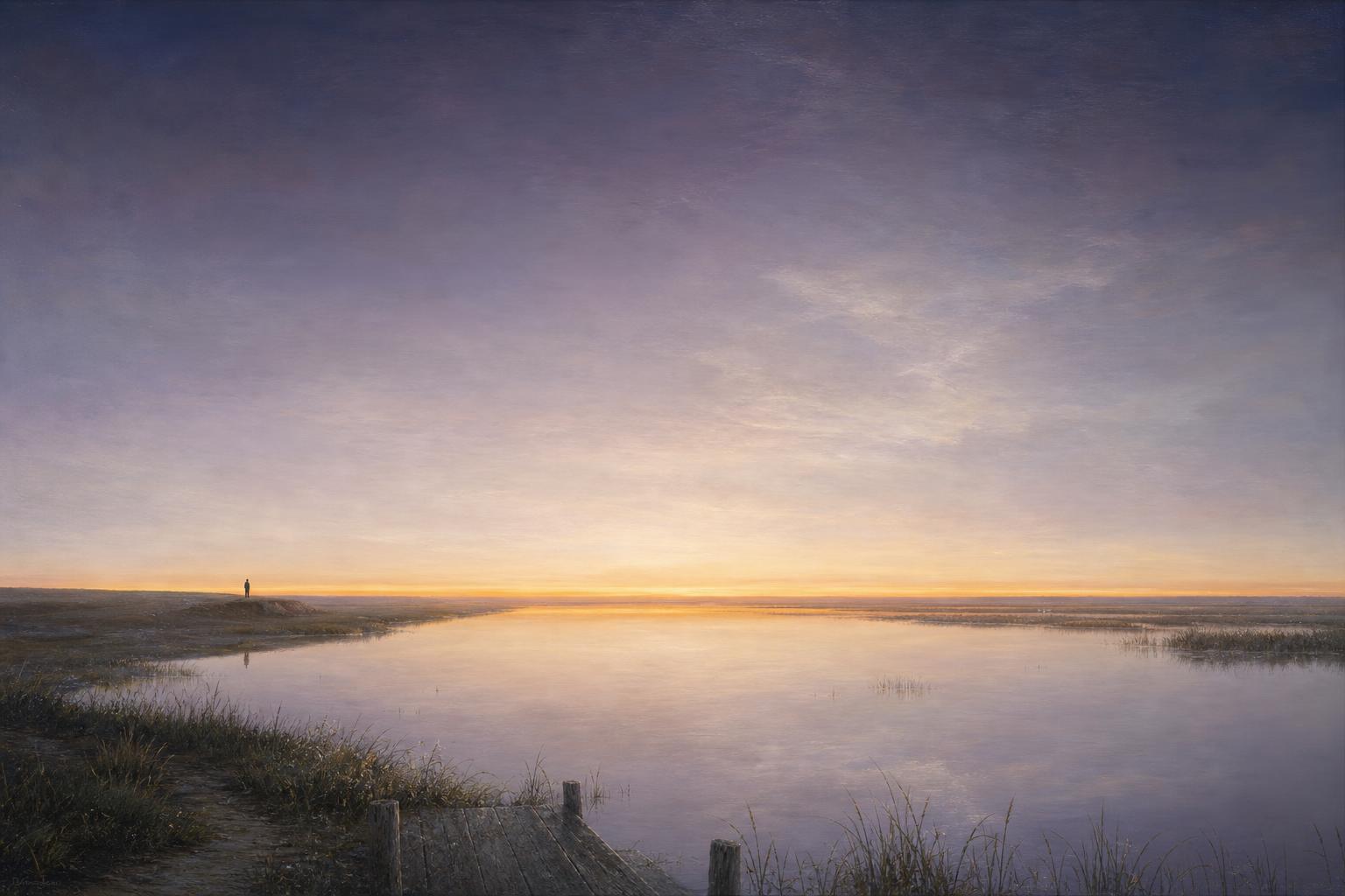 A luminist oil-on-panel landscape at pre-dawn, a vast American river valley or marsh under a mauve-to-gold sky, a tiny silhouetted figure facing west at the water's edge — small, still, and quietly held.