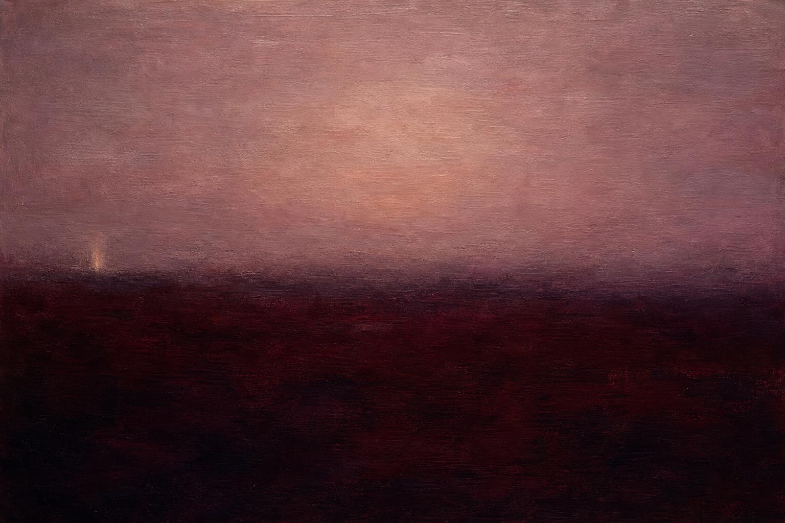A wide color-field painting in deep oxblood and ash-rose, two slow horizontal bands that barely meet, their bruised seam glowing with internal light — the mood is grief held without words, and one thin ochre seam offers quiet mercy.