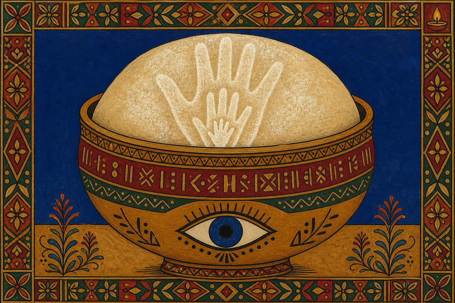 A flat-color devotional painting of a wide clay bowl filled with risen dough, centered on a lapis ground, with three nested palm-shapes pressed into the flour and a small gold lamp burning in the ornate border — warm, frontal, and quietly celebratory.