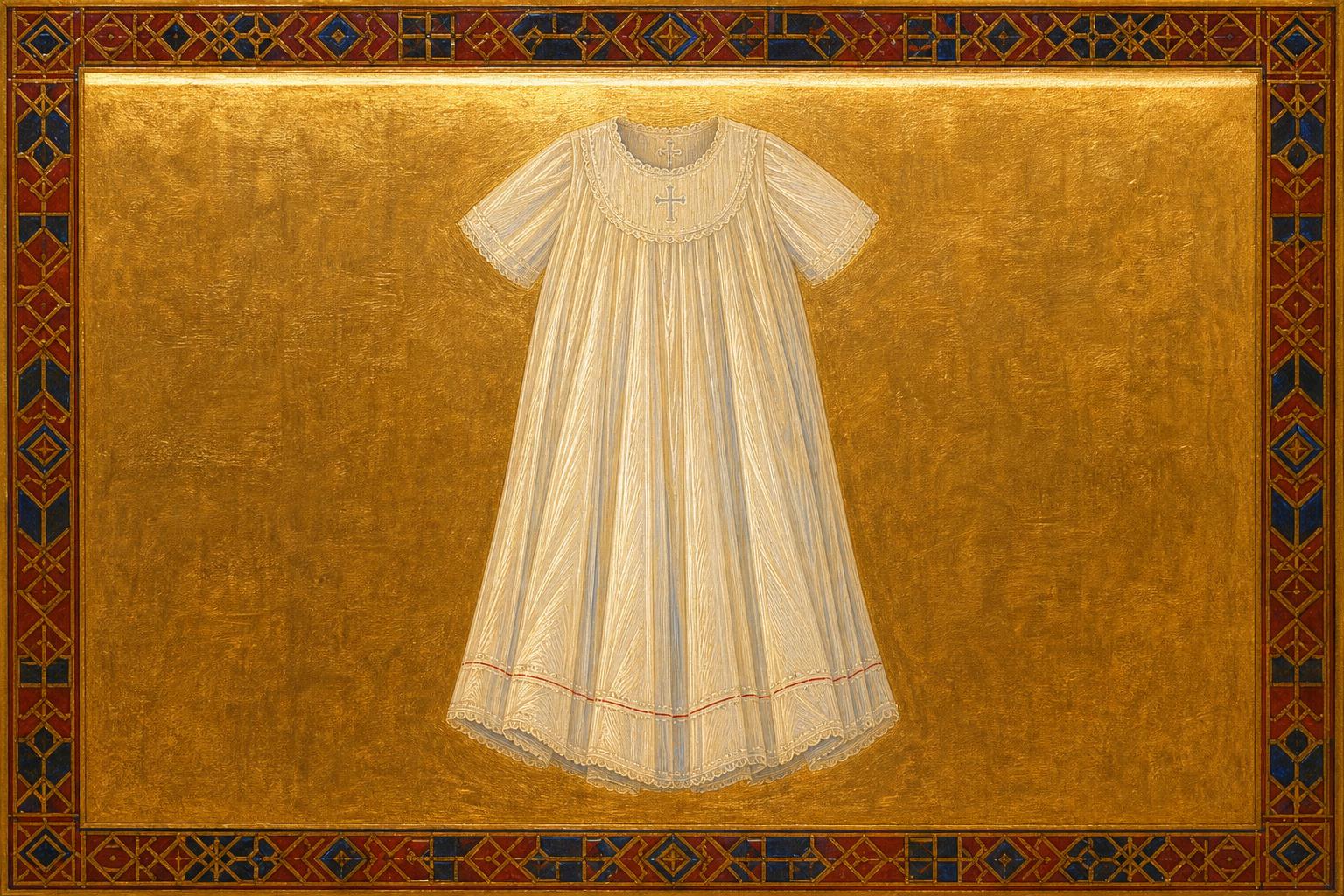 A gold-ground icon panel, landscape orientation, depicting a single white child's baptismal dress suspended against flat uncreated gold light, rendered in egg-tempera with ultramarine shadow-folds and a thin dawn seam of mercy across the top — hieratic, tender, threshold-still.
