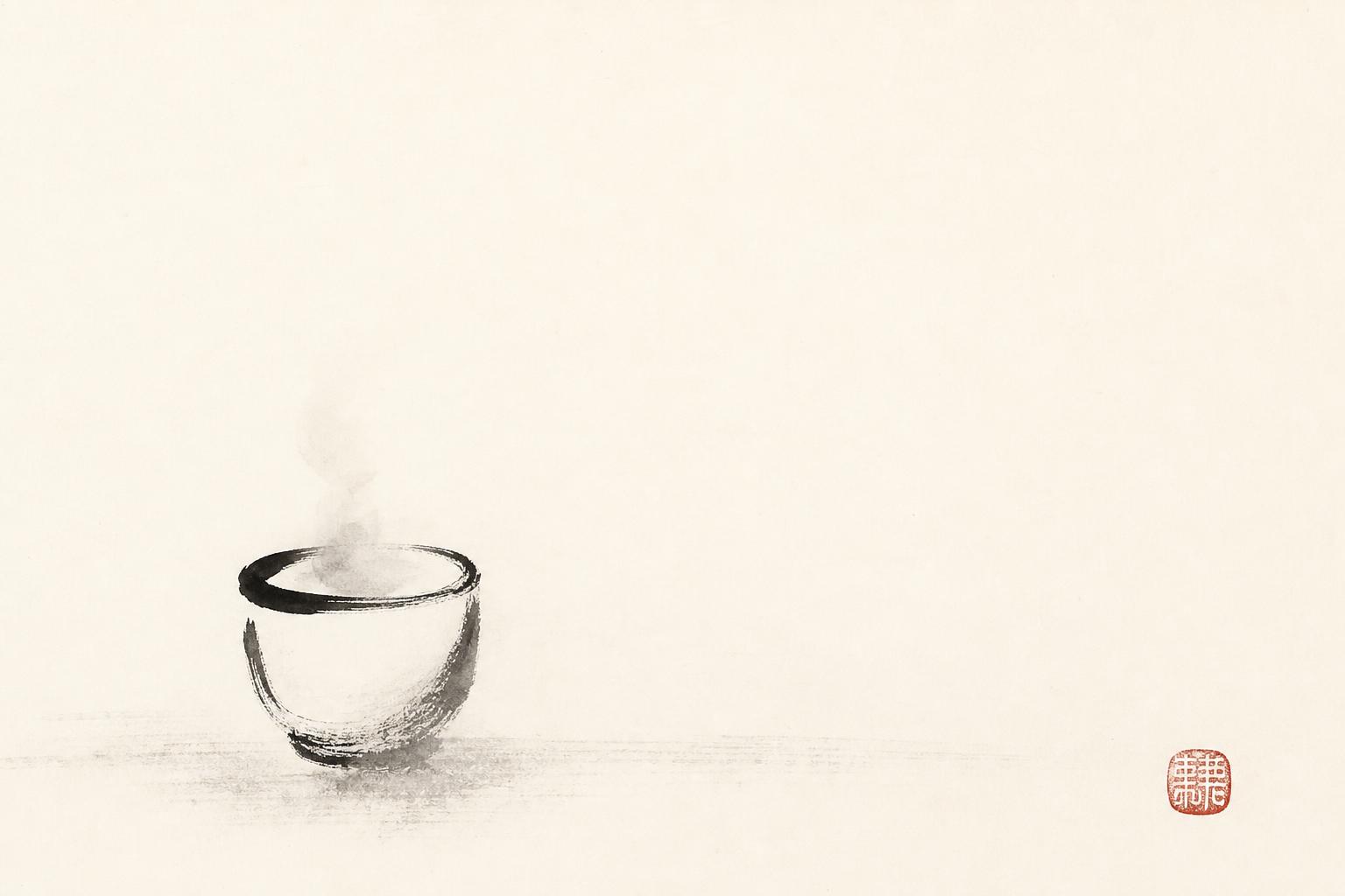A Zen sumi ink painting on warm white paper: a single small ceramic cup in the lower-left corner, rendered in a few spare brushstrokes, with a faint wash of warmth rising from its mouth, surrounded by vast breathing emptiness, and one small vermilion seal in the far corner — still, unhurried, enough.