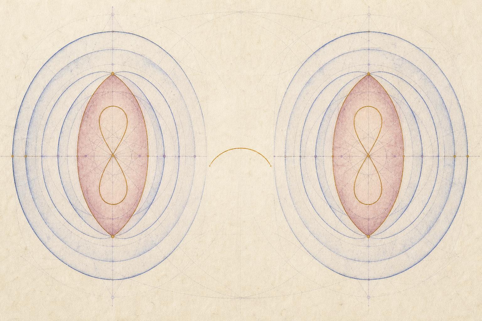 A sacred geometric diagram on ivory paper — two equal vesica forms in dusty rose and ultramarine face each other across an open gap of bare ground, with a single warm gold arc glowing between them like the first light before a decision is made.