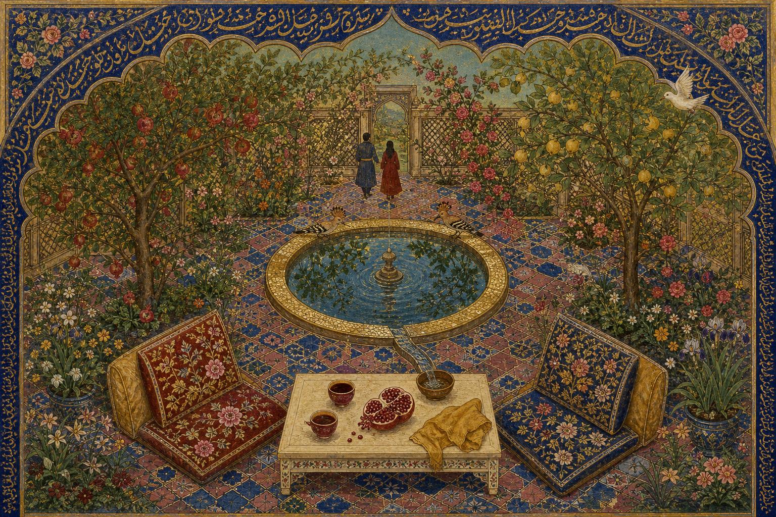 A wide Persian miniature-style gouache painting of a walled paradise garden at the eve of an anniversary celebration — a fountain, intertwining fruit trees, two silhouetted figures approaching an unset table, and a white dove ascending in eternal, shadowless light.
